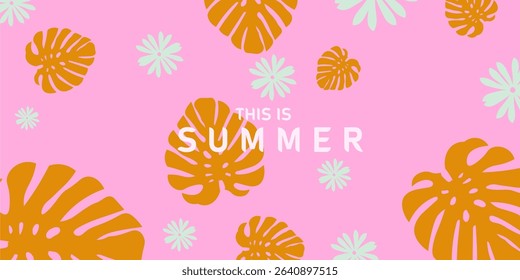 A playful tropical summer background featuring orange monstera and mint palm leaves scattered on a vibrant pink background. Includes centered text that says "This is SUMMER" in bold white font. Ideal 