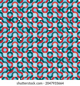 Playful Truchet seamless vector pattern background. Colourful backdrop with randomly tiled geometric shapes. Vector illustration for prints, home decor, fashion fabric, wallpaper and wrapping paper.