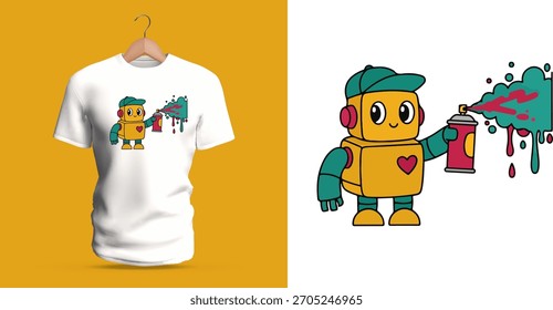 A playful T-shirt design showing a friendly yellow robot with a heart symbol spray-painting colorful graffiti shapes. The bold outlines, bright palette, and urban cartoon elements create a fun