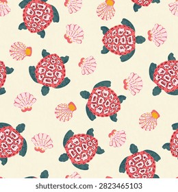 Playful turtle and seashell seamless pattern vector background, cream marine animal backdrop for wallpaper