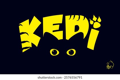 A playful typography design featuring the word "KEDI" in yellow tones with a cat silhouette, paw print, and mouse illustration on a dark blue background