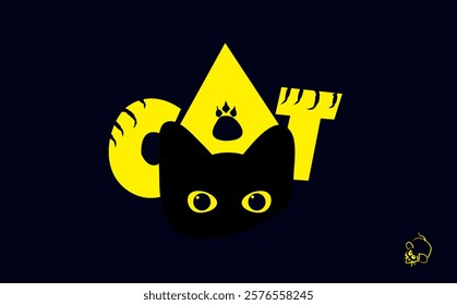 A playful typography design featuring the word "CAT" in yellow tones with a cat silhouette, paw print, and mouse illustration on a dark blue background. A creative and minimalist graphic design