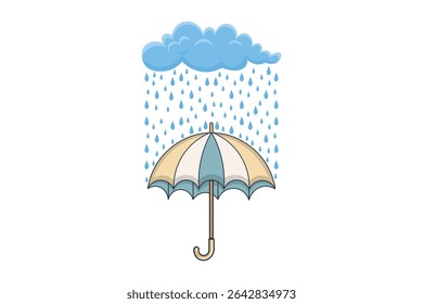 Playful umbrella in rain vector artwork, soft pastel colors and cartoon flat design for use in baby prints, fabric patterns, and seasonal themed graphics

