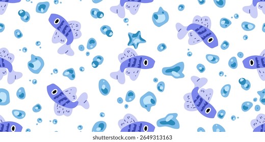 Playful Underwater Fish Seamless Pattern. Seamless pattern with blue cartoon fish, bubbles and starfish on white background. Bright flat style, playful marine theme.