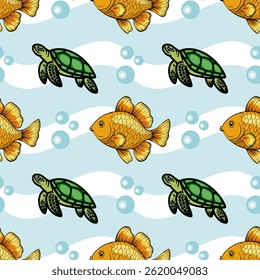 A playful underwater pattern featuring colorful goldfish and green turtles swimming among bubbles and wavy lines on a light blue background.