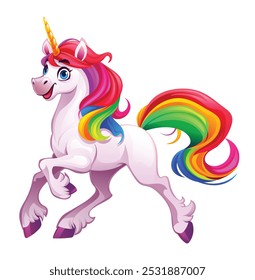 Unicornio juguetón con la melena colorida del arco iris y la pose enérgica. Vector ilustración de dibujos animados