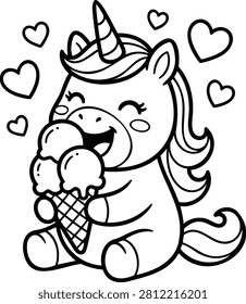 Playful unicorn with rainbow mane and tail enjoying a melting ice cream cone fantasy creature