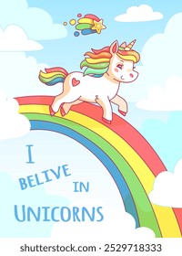 A playful unicorn with a rainbow mane walks along a vibrant rainbow under a sky filled with fluffy clouds and stars celebrating the magic of believing in unicorns.