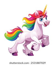 Juguetón unicornio corriendo con melena de arco iris y cuerno de oro. Vector ilustración de dibujos animados