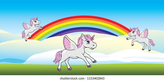 Playful unicorns on a rainbow. Vector