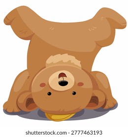 Playful Upside Down Brown Bear Character, Fun Animal Pose, EPS Vector