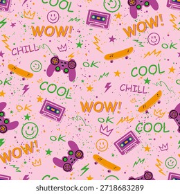 Playful urban gaming pattern with hand drawn game controllers, skateboards, cassette tapes and fun typography. Bright street style background for kids fashion, textiles, wallpapers and creative designs.
