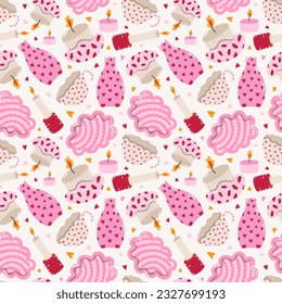 Playful utensil seamless pattern with doodle in bright color. Romantic print with colorful pottery, hand-made ceramics, kitchen tableware, cute cup and plate, funky candlestick. Cool wallpaper print.