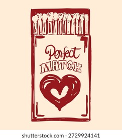 Desenho lúdico do Dia dos Namorados com uma caixa de fósforos com trocadilho, corações e chamas “Perfect Match” no estilo moderno de coquete vermelho, ideal para cartões, adesivos, vestuário, presentes e visuais temáticos de amor.