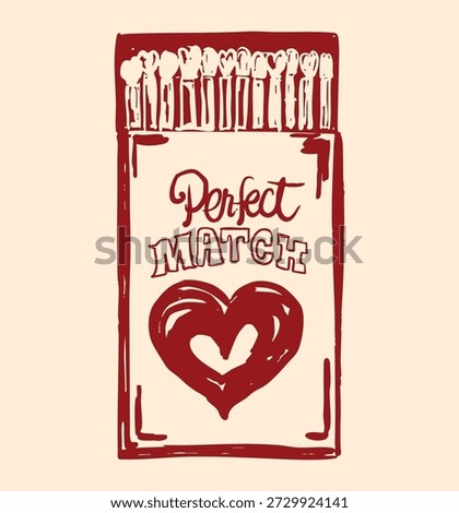 Playful Valentine design featuring a matchbox with “Perfect Match” pun, hearts, and flames in trendy red coquette style, ideal for cards, stickers, apparel, gifts, and love themed visuals.
