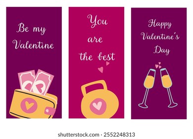 Playful valentine's day cards with symbols of love, gifts of sport equipment, and celebration.