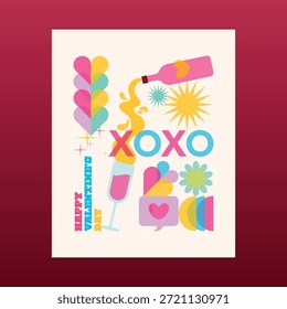 Verspielte Valentinstag-Illustration, Risograph bunten Liebe Icons Herz-Formen und XOXO Schriftzug in einem lustigen modernen Stil, perfekt für Grußkarten Plakate Drucke und digitale Designs