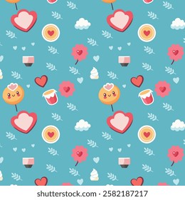 Playful Valentine's Day Pattern with Hearts, Smiling Faces, and Flowers