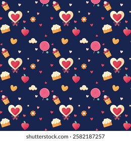 Playful Valentine's Day Pattern with Hearts, Cupcakes, and Lollipops