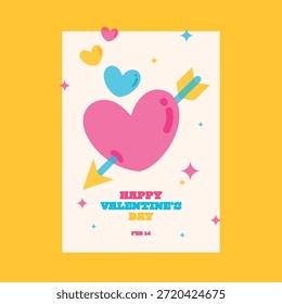 Playful Valentines Day vector layout greeting card with colorful retro style, cute sparkle elements, and cheerful romantic vibe, perfect for celebration, print, and social media.