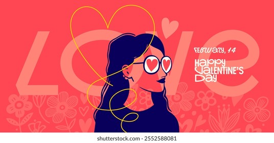 Playful Valentine's design showcasing love with heart-shaped glasses, floral background, and vibrant text celebrating the romance of Feb 14.