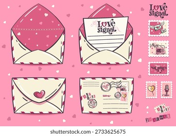 Vetor divertido dos namorados mostrando quatro envelopes de correio aéreo, uma carta aberta com cabeçalho Love Signal, selos de coração e selos postais temáticos em um fundo de confete rosa - gráficos de correio românticos. Ilustração vetorial