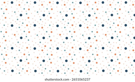 Ein verspielter Vektorhintergrund mit mehrfarbigen Polka-Punkten (orange, blau, hellblau) auf weißer Basis, perfekt für fröhliche und lustige Designs.