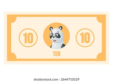 Nota de desenho animado vetor brincalhão com personagem panda e número dez. Dinheiro educacional amarelo brilhante para crianças aprendendo jogos, contando habilidades, fingindo fazer compras e atividades financeiras iniciais.