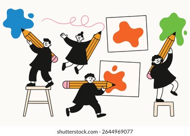 A playful vector of children drawing with giant pencils. Ideal for art education, creative projects, and school materials. Features colorful blobs, kids in action, and a cheerful atmosphere.