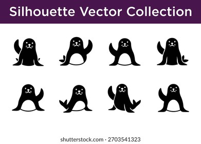 Una colección de Vector lúdico de lindas siluetas de animales de foca y león marino en varias poses, perfecto para proyectos de diseño.