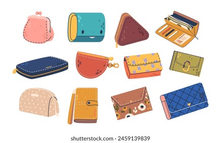 Playful Vector Collection Of Women Wallets And Purses In Various Shapes, Colors, And Designs, Charming Assortment