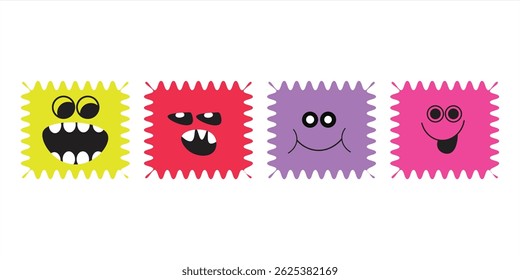 Playful Vector Design of Four Brightly Colored Square Monster Faces with Jagged Outlines and Engaging Cartoon Expressions