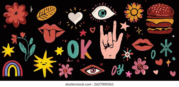 Playful vector doodles featuring flowers, eyes, lips, burger, stars, rainbow, hearts, and hand gestures in bright colors on a black background. Fun, modern, and expressive illustration set.