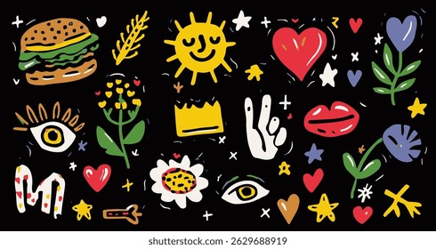 Playful vector doodles featuring flowers, eyes, lips, burger, stars, hearts, and hand gestures in bright colors on a black background. Fun, modern, and expressive illustration set.