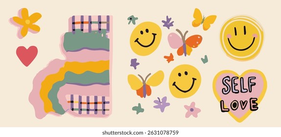 Playful vector elements in modern retro doodle style: butterflies, hearts, florals, and hand-drawn details with bold outlines. Y2K and dopamine decor trends are reflected in the bright palette.