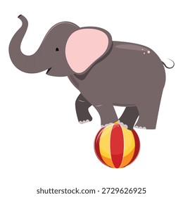 Playful vector elephant standing on large beach ball, charming kid-friendly clipart with smiling face and dynamic stance for circus or zoo themes. 