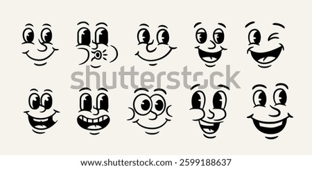 A playful vector graphic set of 10 cartoon-style faces with various expressions, perfect for logos, stickers, comics, or character designs.