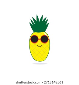 Un divertido ícono de Vector con una piña amarilla brillante con una textura limpia y geométrica y hojas verdes vibrantes en la parte superior. La piña lleva gafas de sol rojas redondas, lo que le da un toque divertido, alegre y