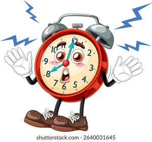 A playful vector illustration of an animated alarm clock with expressive features, vibrant colors, and dynamic composition
