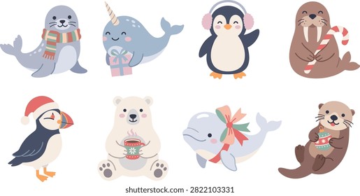 Playful vector illustration of arctic and marine animals decorated with festive winter accessories, including scarves, earmuffs, Santa hats, mugs, bows, and holiday gifts. Perfect for seasonal greeting cards, winter decorations, children’s designs, and creative holiday projects.