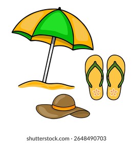 A playful vector illustration of beach essentials: a vibrant yellow and green beach umbrella, a pair of yellow flip-flops with floral accents, and a brown sun hat with an orange ribbon, all set aga...