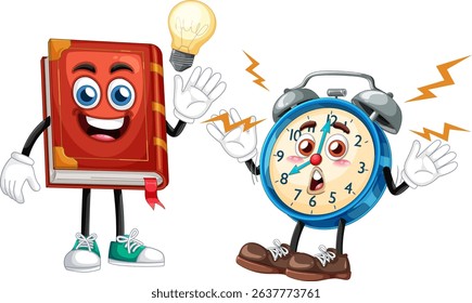 Playful vector illustration of a book and clock with expressive faces and a light bulb, symbolizing creativity
