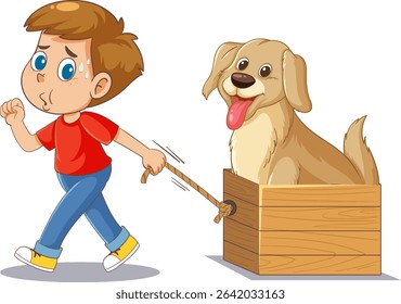 A playful vector illustration of a boy pulling a happy dog in a wooden cart. Bright colors and cartoon style enhance the fun theme