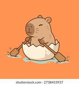 A playful vector illustration of a capybara rowing on a cracked eggshell boat while crossing a river.