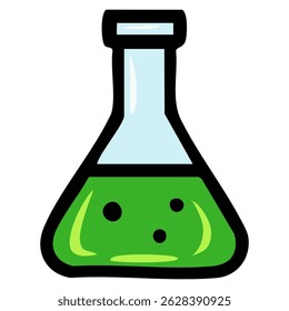 A playful vector illustration of a cartoon Erlenmeyer flask filled with bright green liquid, featuring a bold black outline and subtle shading for a whimsical feel.