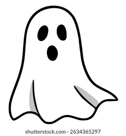 A playful vector illustration of a cartoon ghost with a surprised expression, featuring bold black outlines and subtle gray shading for a whimsical Halloween design.