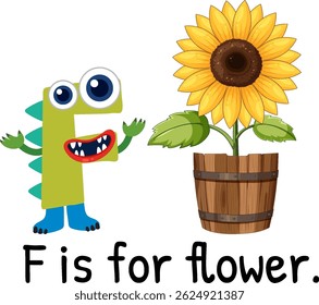 Playful vector illustration of a cartoon monster with a sunflower. Bright colors and bold lines create a fun educational design