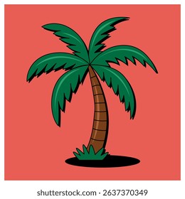 A playful vector illustration of a cartoon palm tree set against a vibrant red background