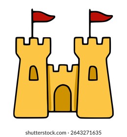 A playful vector illustration of a cartoon sandcastle with two towers and red flags, showcasing a bold outline and simple, childlike design, perfect for summer-themed projects.