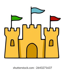 Playful Vector Illustration of a Cartoon Sandcastle with Three Colorful Flags, Ideal for Childrens Designs and Summer Themes.